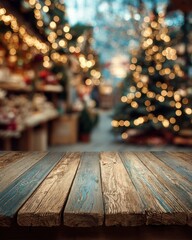A cozy Christmas scene with a wooden table, decorated trees, pine cones, and twinkling lights.