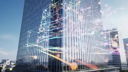 Corporate office towers with digital network overlay representing data connectivity and business technology infrastructure. Modern glass skyscrapers in urban district with visualization - Powered by Adobe