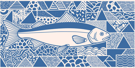 Geometric Fish Collage &ndash; Abstract Blue Illustration for Merch, Tattoo Flash & Blog Graphics