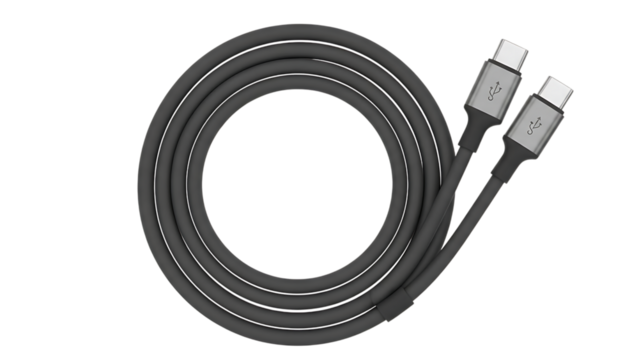 A dark gray braided USB C to USB C cable coiled on a black background, showcasing its durable design and modern connectors transport background.