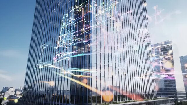 Corporate office towers with digital network overlay representing data connectivity and business technology infrastructure. Modern glass skyscrapers in urban district with visualization - Powered by Adobe