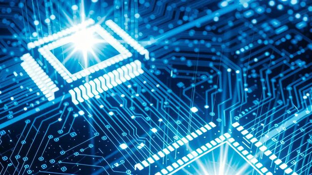 Quantum computing processing future technology innovation science physics algorithm network data speed ai glowing microchip circuit board emitting light with high tech atmosphere dazzling light