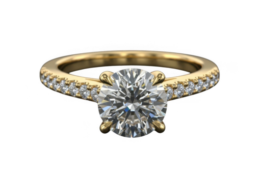 Gold diamond engagement ring with small stones isolated on transparent background for luxury wedding and jewelry design