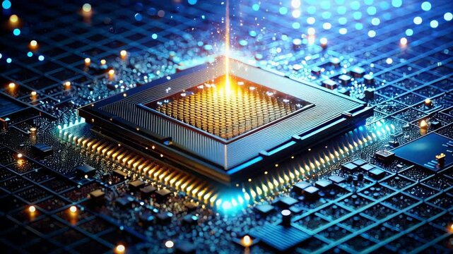 Quantum computing processing future technology innovation science physics algorithm network data speed ai glowing processor chip illuminated circuit sparks inspiring progress powering glowing