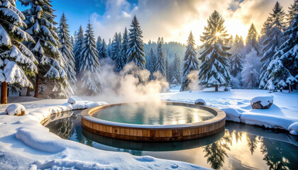Serene winter scene with steaming hot spring surrounded by snow covered trees and bright sun in background