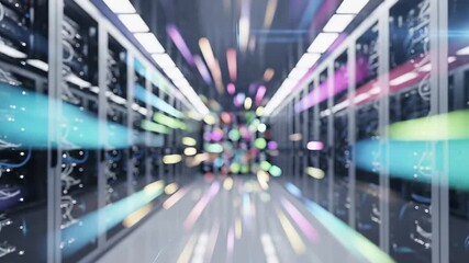 Server room interior with network data transfer visualization and motion blur effects. Datacenter infrastructure with equipment racks and digital connectivity representing cloud computing, information - Powered by Adobe