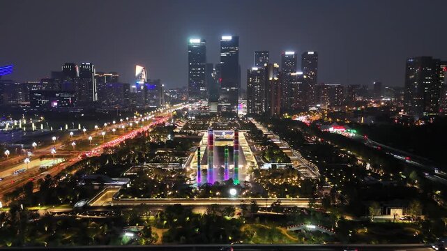 Chengdu Night Aerial View with Illuminated Tower and City Lights