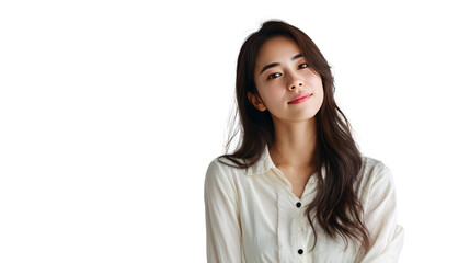 Fototapeta premium Elegant Portrait: A young individual embodies understated grace and confidence, her gaze holding a sense of warmth and intelligence.