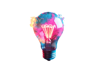Glowing Light Bulb with Pink and Teal Nebula Splatter Effect incandescent filament isolated on a transparent background