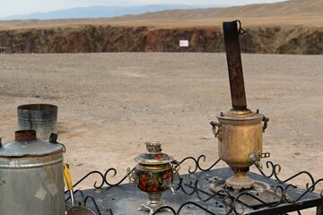 Samovar for preparing drinks at the Black Canyon. Charyn Canyon National park. Kazakhstan. Asia.