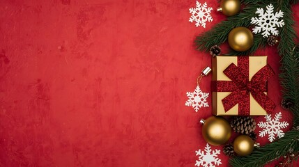 Festive Christmas flat lay with golden gift box, sparkling red bow, fir branches, gold ornaments, snowflakes, and pinecones on a vibrant textured red background with copy space