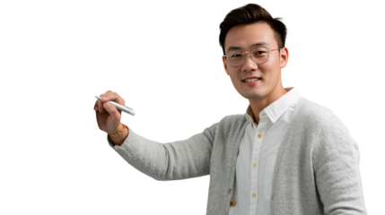 Enlightened Vision: A focused individual, illuminated by creative potential, guides viewers through a display of ideas with elegant poise. 