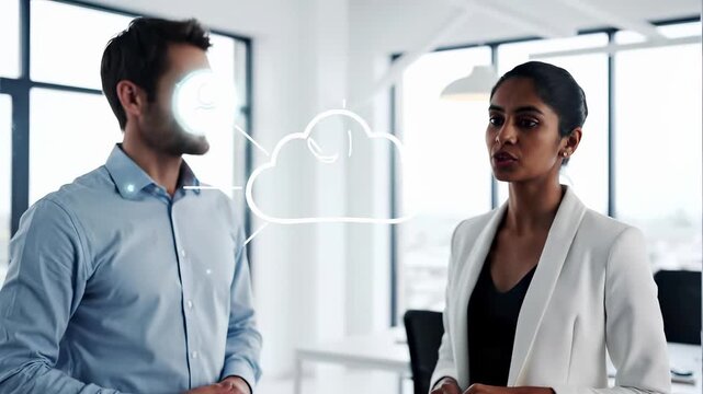 Business professionals in corporate office meeting with digital cloud networking overlay and user profile icons. Collaboration and communication concept for teamwork, professional and modern workplace - Powered by Adobe