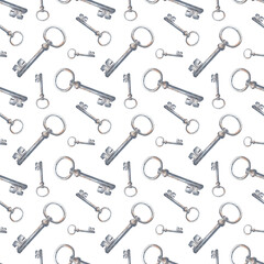 Watercolor seamless pattern with old rusty keys on an isolated background. A template with realistic vintage keys for wallpaper design, packaging, textiles.