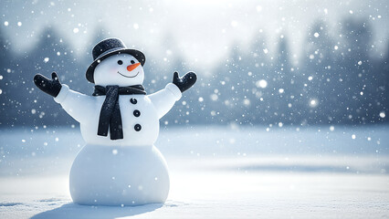 Fototapeta premium Joyful Snowman in Black Hat and Scarf Welcomes Gentle Snowfall on a Bright Winter Day