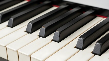 Close-up shot of a piano keyboard showcasing black and white keys, musical instrument