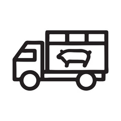 Fototapeta premium Simple line art icon of a livestock transport truck carrying a pig. This vector graphic symbolizes the meat industry, farm animal transportation, pork delivery, and agricultural logistics concept
