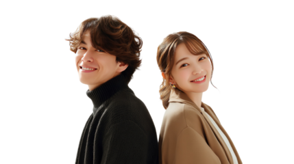 Smiling Couple's Back-to-Back Portrait: A cheerful young couple, backs touching, radiates joy and togetherness with their warm smiles, embodying companionship and affection.