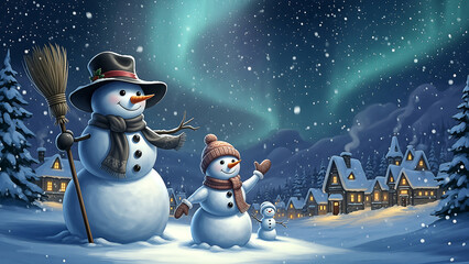 Snowman Family Under Aurora Borealis in Winter Village, Festive Holiday Scene