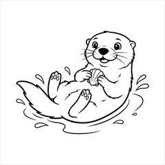 A Playful otter floating with a shell black line art, white background