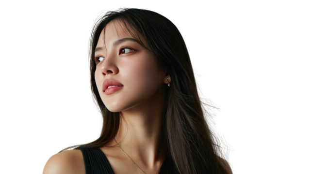 Elegant Pose: A portrait of a woman looking with a sense of allure and composure. Her dark hair cascades down her shoulders as she gazes softly into the distance.