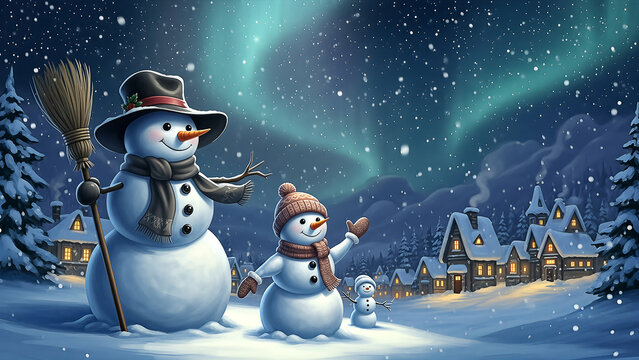 Snowman Family Under Aurora Borealis in Winter Village, Festive Holiday Scene