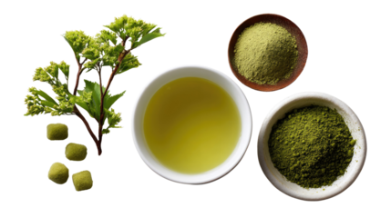Matcha Ceremony: An overhead shot showcases the art of matcha preparation, with its vibrant green tea powder, fresh tea, and accompanying elements, exuding a sense of freshness and natural essence.