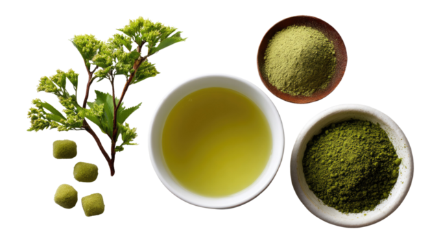 Matcha Ceremony: An overhead shot showcases the art of matcha preparation, with its vibrant green tea powder, fresh tea, and accompanying elements, exuding a sense of freshness and natural essence.