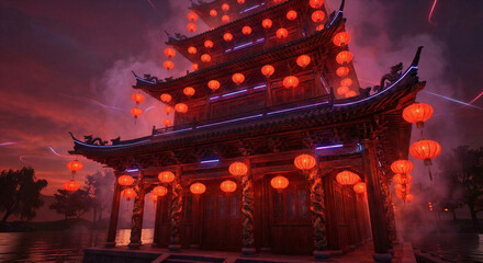 Fototapeta premium Classic Chinese Pagoda with Red Lanterns and Mysterious Fog at Night