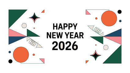 Happy New Year 2026: A festive graphic celebrates the arrival of 2026 with a vibrant display of geometric shapes and the season's greetings. 