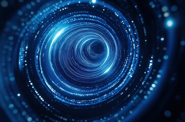 Abstract blue digital background with futuristic circular glowing vortex tunnel portal or wormhole for design and illustration of technology science concepts