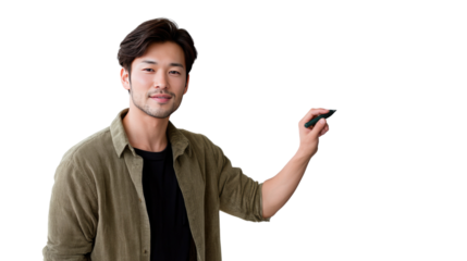 Business Presentation by Professional: A focused man of asian descent, professionally dressed, prepares to make a presentation.