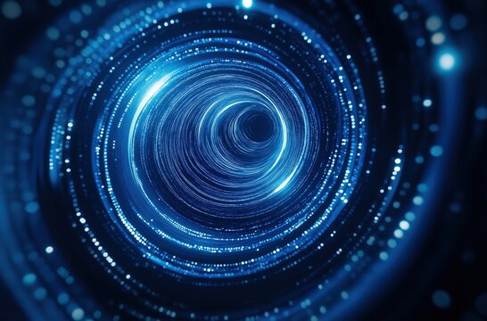 Abstract blue digital background with futuristic circular glowing vortex tunnel portal or wormhole for design and illustration of technology science concepts