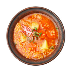 Tasty lentil soup in bowl isolated on white, top view