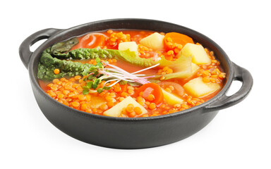 Tasty lentil soup in bowl isolated on white