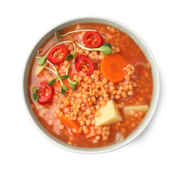 Delicious lentil soup with vegetables in bowl isolated on white, top view
