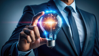 Illuminating the Future: A businessman, radiating confidence, holds a glowing light bulb, a symbol of innovation, technology, and groundbreaking ideas.