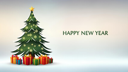 Green Christmas tree on a light background with empty space for text, minimalist holiday banner suitable for festive design, greeting cards, and seasonal advertising.