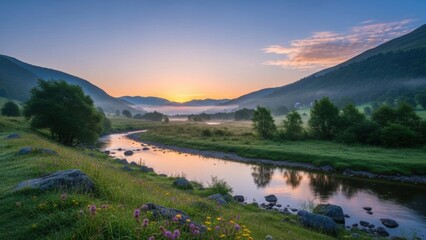 Misty morning light on a winding mountain stream