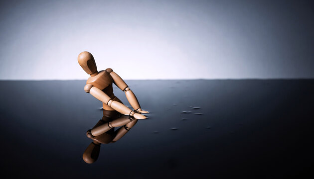 Wooden artist mannequin leaning over reflective water surface concept of introspection and self reflection - Powered by Adobe