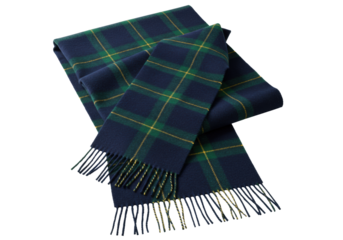 A richly saturated royal stewart tartan plaid cashmere merino wool scarf, elegantly draped on a transparent high-key background, ultra-detailed studio shot. concept of high-end winter fashion