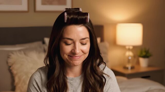 Woman demonstrating hair styling technique with rollers, showcasing step-by-step process, camera zooms in on actions and expressions, engaging tutorial atmosphere