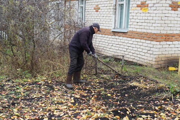 Senior man working with a rake, cleaning up a garden with fallen autumn leaves next to a brick house.