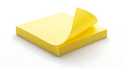 A stack of yellow adhesive memo notes with one corner peeling up on a white background