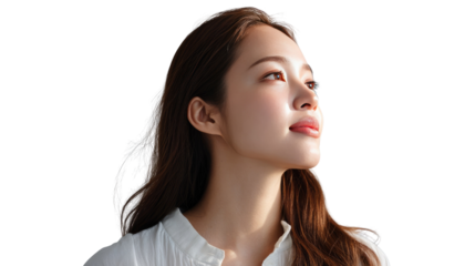 A Woman's contemplation: A young woman is looking upward and basking in the warmth of the sun, radiating a sense of optimism and serene reflection.