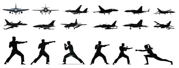 indian fighter plane and army fighting silhouette: Set of Fighter Jet Silhouettes and Martial Arts People Silhouettes Vector