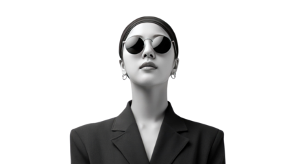 Elegance in Shades: A poised woman exudes an air of timeless sophistication in a monochromatic portrait, adorned with fashionable eyewear and poised demeanor.