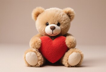 Obraz premium Adorable teddy bear holding a red heart on a light background