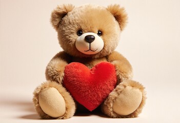 Obraz premium Adorable teddy bear holding a red heart on a light background