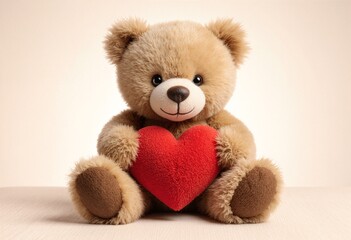 Obraz premium Adorable teddy bear holding a red heart on a light background
